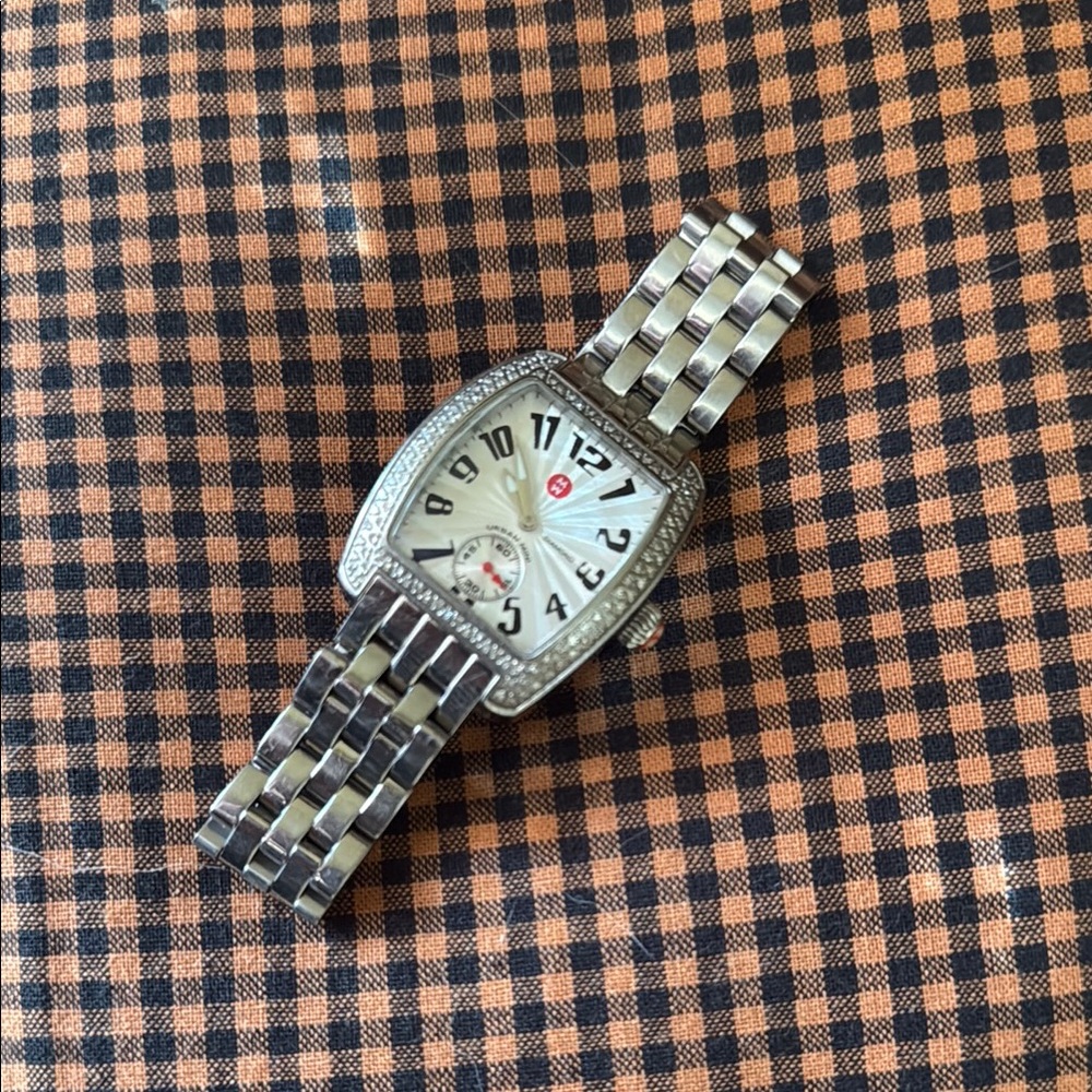Michele Silver and Black Tonneau Watch